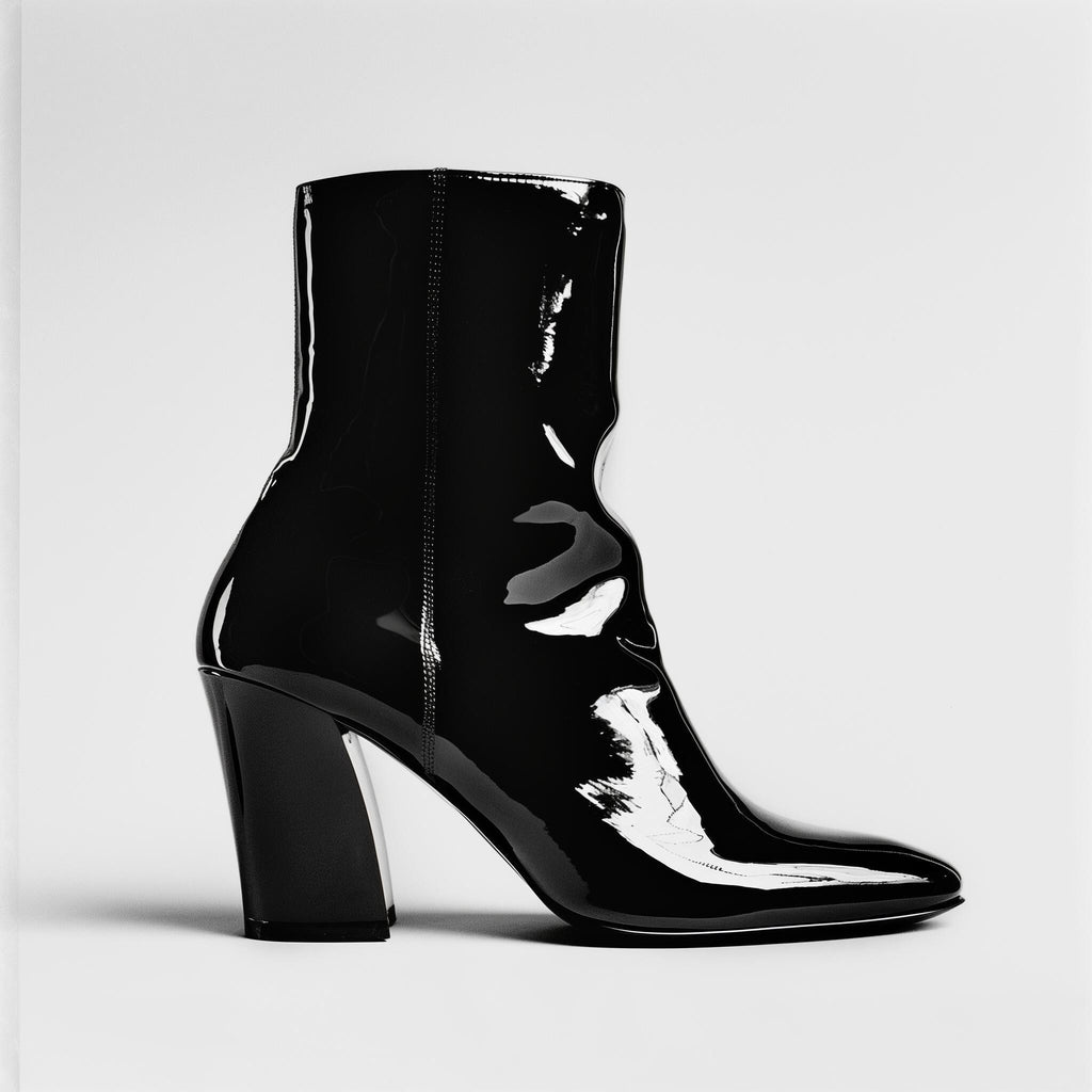 Black patent leather ankle boot with a pointed toe and chunky block heel on a white background.