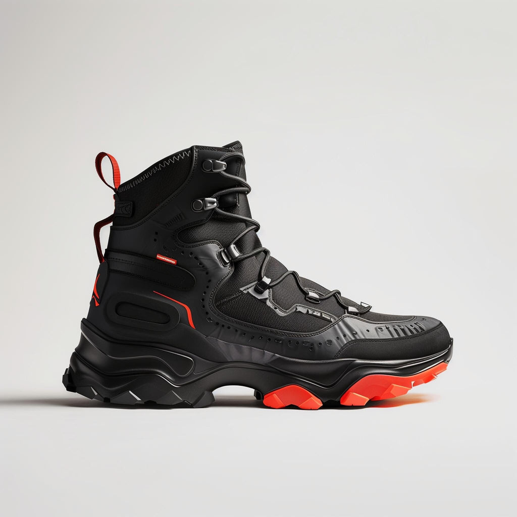 Black high-top sneaker boot with a chunky red and black sole, featuring mesh panels and synthetic overlays.